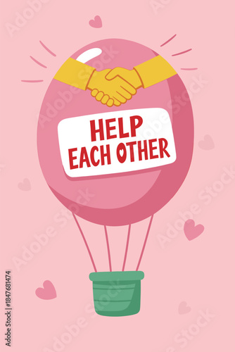 Help Each Other Concept with Two Hands Shaking on a Pink Hot Air Balloon for Partnership Cooperation and Mutual Support