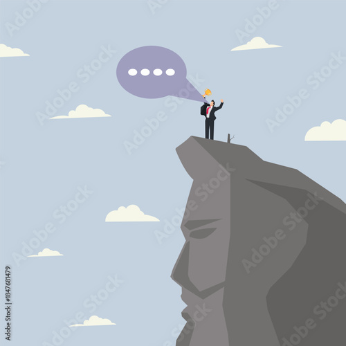 Businessman standing on a high hilltop holding a trophy and shouting through a bubble speech, symbolizing success, leadership, achievement, ambition, and communication in business and career growth