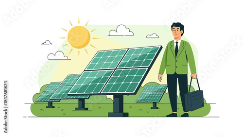 Eco friendly man with solar panels, renewable energy concept