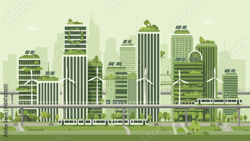 Eco-friendly cityscape with green buildings, solar panels, wind turbines, and futuristic trains symbolizing sustainable urban living and green technology advancement