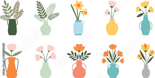 Minimal Flower Vase Collection with Spring Floral Arrangements and Soft Pastel Colors in Modern Flat Vector Illustration