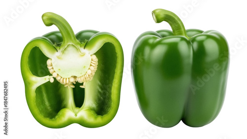 Fotografi Isolated sliced and whole green bell peppers on display with seeds ready to cook