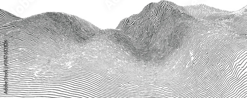Black and white contour map of rolling hills and mountains abstract