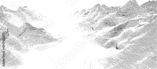 Black and white topographic contour lines depicting a mountain valley landscape abstract background data