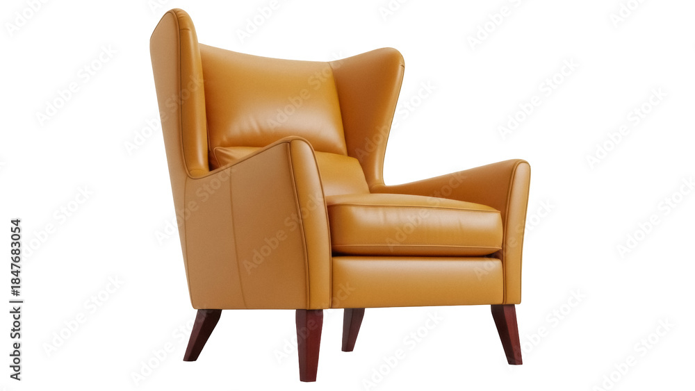 Fototapeta premium Isolated tan leather wingback armchair for home interior, office sitting room, cozy furniture