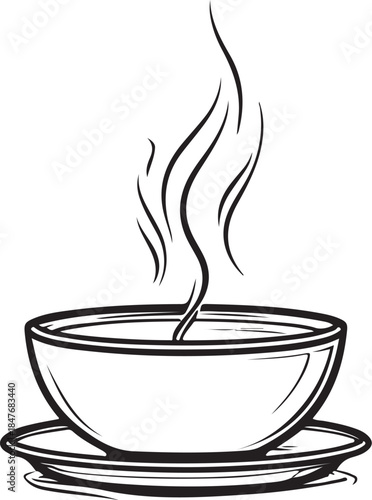 Bowl of Hot Soup Broth Hand-drawn Sketch Drawing Vector Illustration, Line Linear Symbol Engraving Coloring Book, Black and White Isolate