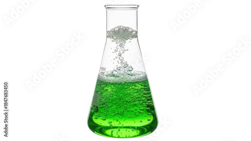 Isolated laboratory glass conical flask of bubbling green liquid, chemical solution, reagent