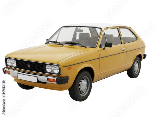 Konstfotografi Isolated yellow 1970s vintage hatchback car with white roof, classic automotive