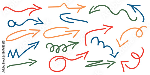 Hand drawn colorful arrow set. Vector doodle pointer collection for business presentation, infographic, and creative design. Sketchy style elements.