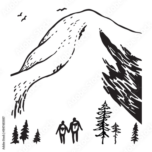 Vector mountain landscape with tourists