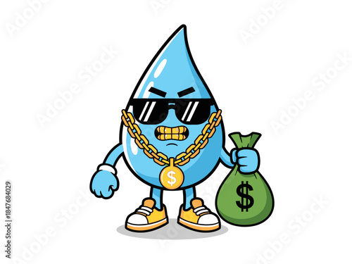 Cool Hip-Hop Water Drop Character Holding Money Bag Vector Illustration