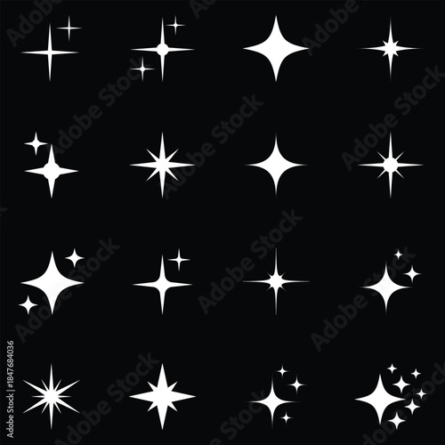 Shiny sparkle set. Twinkle star particles, glitter sparkles and magic sparkle isolated vector icons.