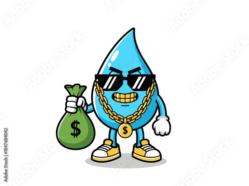 Cool Hip-Hop Water Drop Character Holding Money Bag Vector Illustration