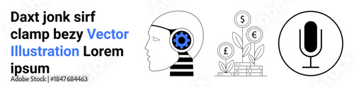 Artificial intelligence, financial growth, audio communication, technology integration, innovation, digital communication. Profile head with gear, money tree and microphone. Artificial intelligence