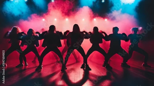 selective focus powerful dance crew performing on stage