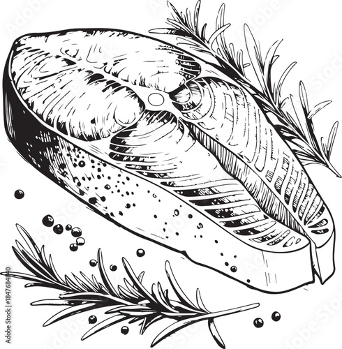 Salmon Steak Omega-3 Hand-drawn Sketch Drawing Vector Illustration, Line Linear Symbol Engraving Coloring Book, Black and White Isolate
