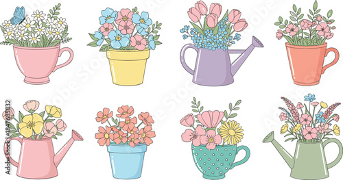 Pastel Flower Arrangement Collection in Cups and Watering Cans with Cute Spring Floral Designs Flat Vector Illustration