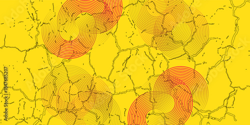 Collection of yellow and red concentric circles. Collection of radial sound wave or sonar rings. Pack of radar icon symbols, targets, dashed lines, halftones, Modern.