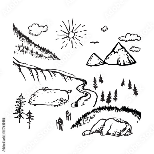 Isolated outline objects in a mountain landscape