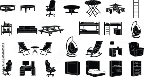 Black furniture silhouette vector set featuring bed, sofa, office chair, desk, table, bunk bed, and outdoor patio furniture icons, collection
