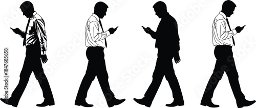 Businessman in formal attire walking while using smartphone for mobile communication business networking digital lifestyle and modern professional communicating on white.