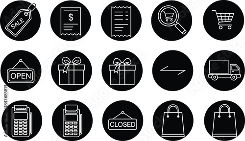 Collection of circular e-commerce line icons featuring sale tags shopping carts delivery trucks payment terminals and retail gift boxes for business.