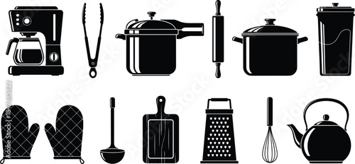 Collection of black kitchen appliance silhouettes including coffee maker pressure cooker kettle oven mitts and cooking tools for culinary design projects.
