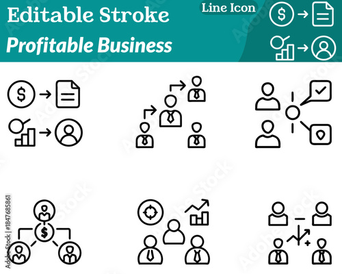A clean profitable business icon featuring stacked coins. An upward-trending graph and a small building or briefcase silhouette. Designed with minimal lines represent financial growth revenue success.