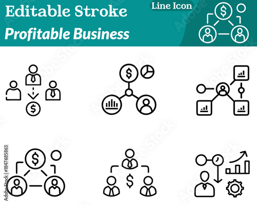 A clean profitable business icon featuring stacked coins. An upward-trending graph and a small building or briefcase silhouette. Designed with minimal lines represent financial growth revenue success.