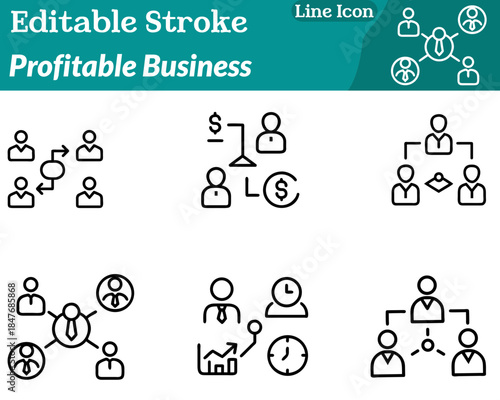 A minimalist profitable business icon showing stacked coins. A rising line graph and a small office briefcase element. Clean simple lines symbolize financial growth profitability investment business.