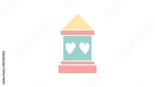 Minimalist Illustration of a Ghostly House with Heart-Shaped Windows and Soft Pastel Colors