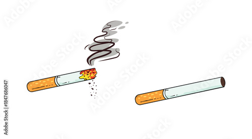 Cigarette and broken cigarette with smoke isolated on white background illustration