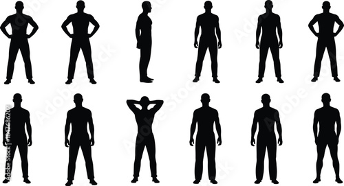 Collection of male silhouettes in various standing poses featuring professional men in different positions for fitness fashion and health concepts.