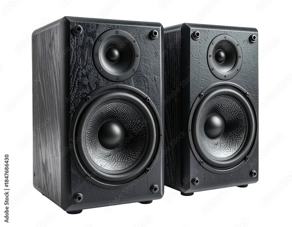 Fototapeta premium Pair of wooden speakers with dual drivers, angled slightly