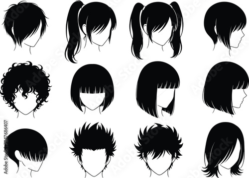 Collection of various female hairstyle silhouettes featuring different hair lengths and textures for beauty salon hair care and fashion design.