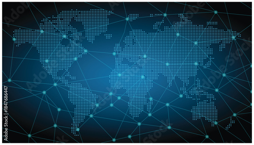 Digital world map with global network connections and data points