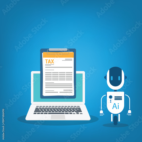AI bot supports tax compliance, financial monitoring, VAT calculation and regulation analysis, making financial workflows more accurate and efficient. Vector illustration. 