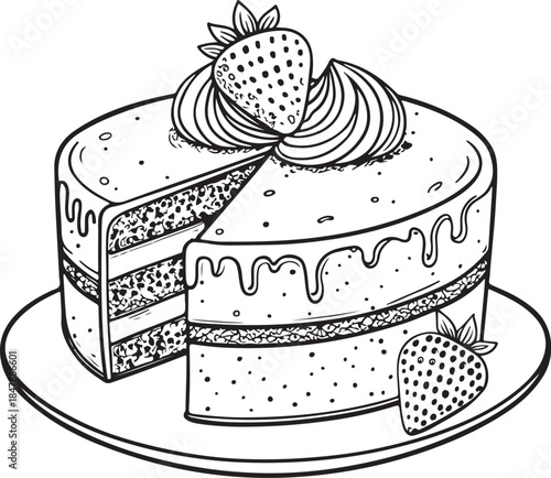 Sponge cake layered cream dessert Hand-drawn Sketch Drawing Vector Illustration, Line Linear Symbol Engraving Coloring Book, Black and White Isolate