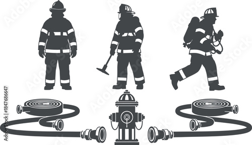 Firefighter silhouette set featuring emergency responders in uniform with fire hydrant water hoses and rescue equipment for fire safety designs.
