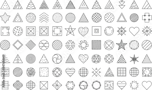 Huge collection of minimal geometric line icons featuring triangles circles squares stars and hearts with various patterns for modern graphic design.