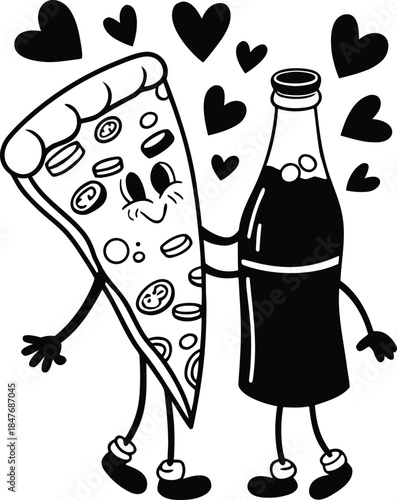 Flirty Pizza Slice and Soda Bottle Characters 30s Animation Style Vector