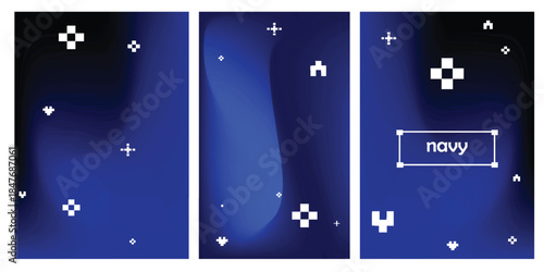 Dark blue gradient background with simple pixel art pattern. Abstract midnight sky navy blue blurry vector texture. Y2k geometric design. Set of 3 square vector gradient bg for poster, social media