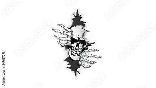 Creepy skull breaking through wall illustration isolated on white background