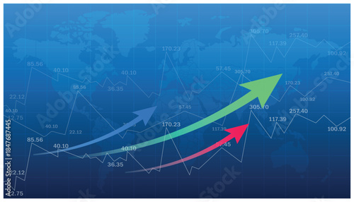 Financial growth chart with upward arrows and global market background