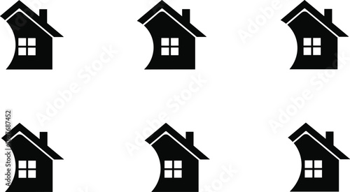 Set of black house icons with curved walls and chimney isolated on white background for real estate and home logo