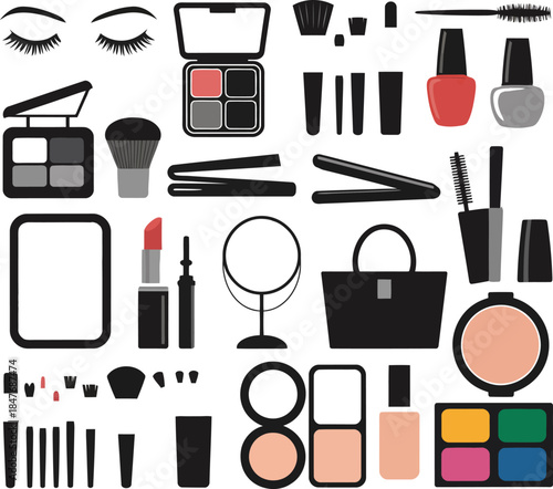 Collection of various makeup products and beauty tools