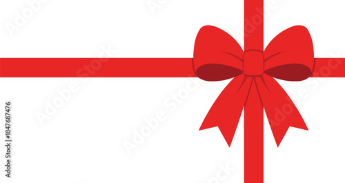 Minimalist illustration of bright red gift bow and ribbon on white background, horizontal and vertical bands crossing with copy space, ideal for holiday, Christmas, celebration, or gift card designs.