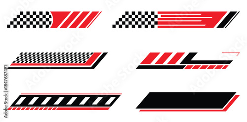 Racing stripe and checkered flag graphic elements set in red and black