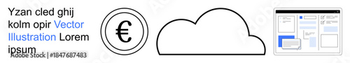 Finance, cloud storage, web design, digital solutions, technology, minimalism. Euro currency symbol, cloud icon and wireframe webpage layout. Finance and cloud storage concepts