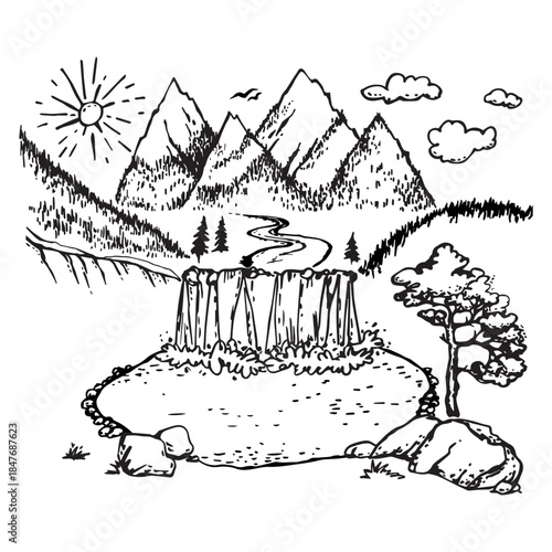 Black and white outline vector mountain landscape